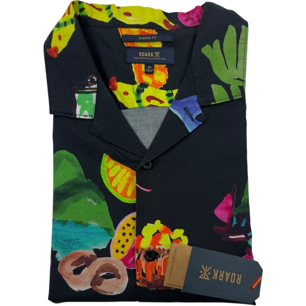 Roark Black Cotton Tencel Gonzo Tahiti Treat Fruit Button Up Shirt Medium NWT